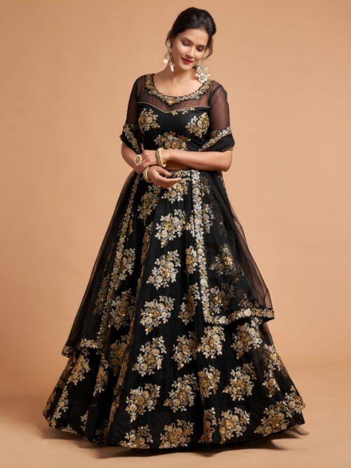 Black Soft Net  Zari & Multiple Sequins Embroidery Work Lehenga Choli - HLL0001