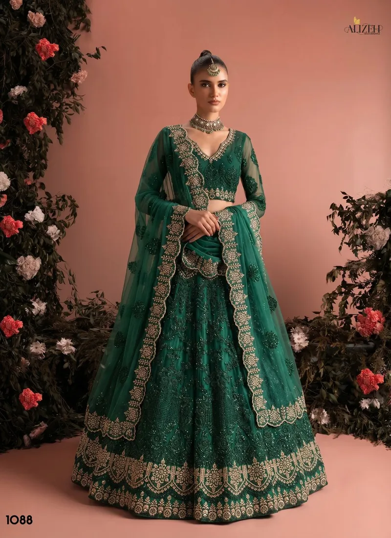 Green Butter fly Net Zari & Embroidered Designer Lehenga Choli(HLL0002) - Image 2