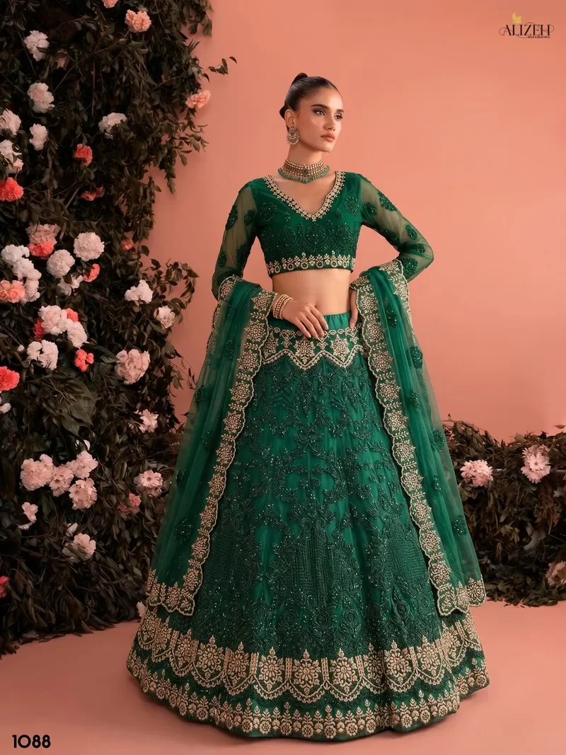 Green Butter fly Net Zari & Embroidered Designer Lehenga Choli(HLL0002)
