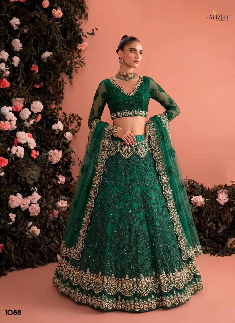 Green Butter fly Net Zari & Embroidered Designer Lehenga Choli(HLL0002)