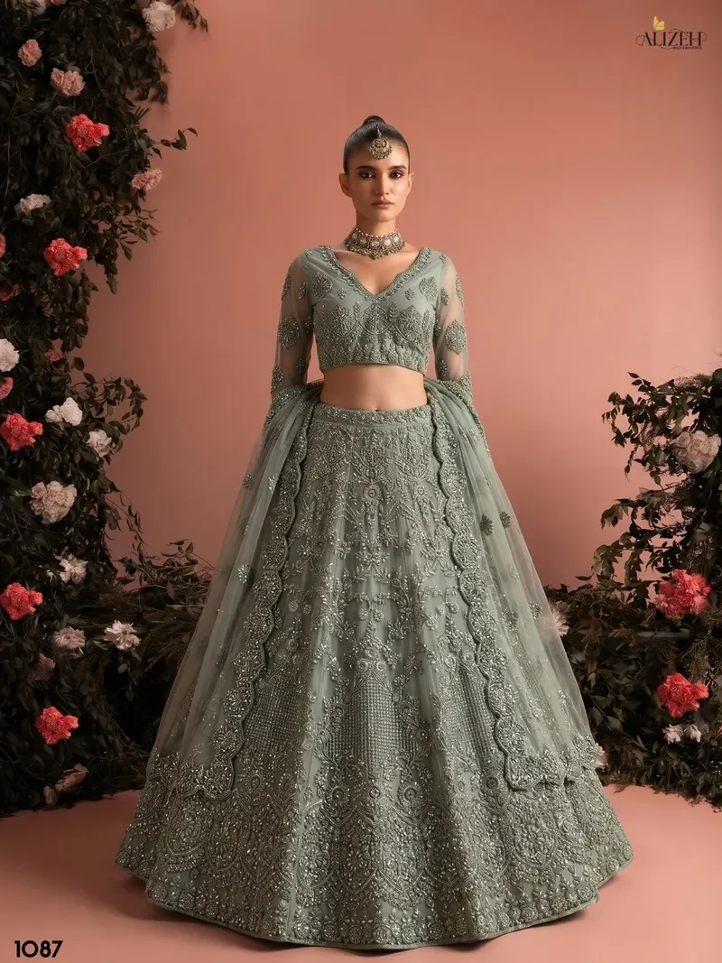 Green Butter fly Net Zari & Embroidered Pista Designer Lehenga (HLL0004)