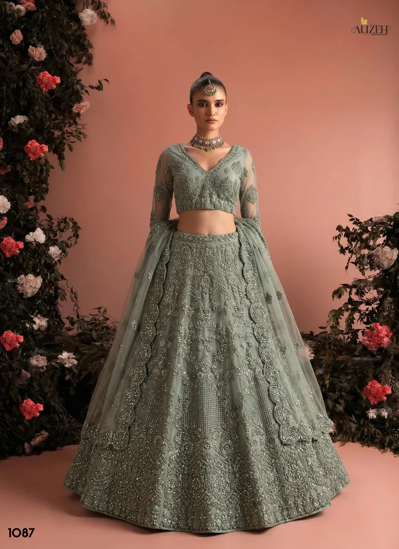 Green Butter fly Net Zari & Embroidered Pista Designer Lehenga (HLL0004)