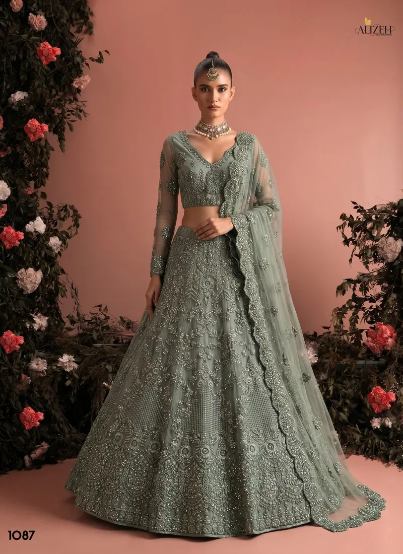 Green Butter fly Net Zari & Embroidered Pista Designer Lehenga (HLL0004) - Image 2