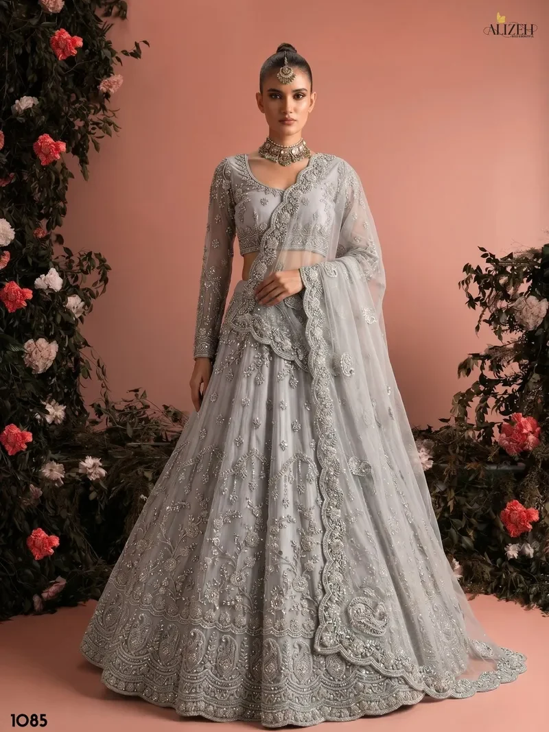 Grey Butter fly Net Zari & Embroidered Designer Lehenga Choli (HLL0005)