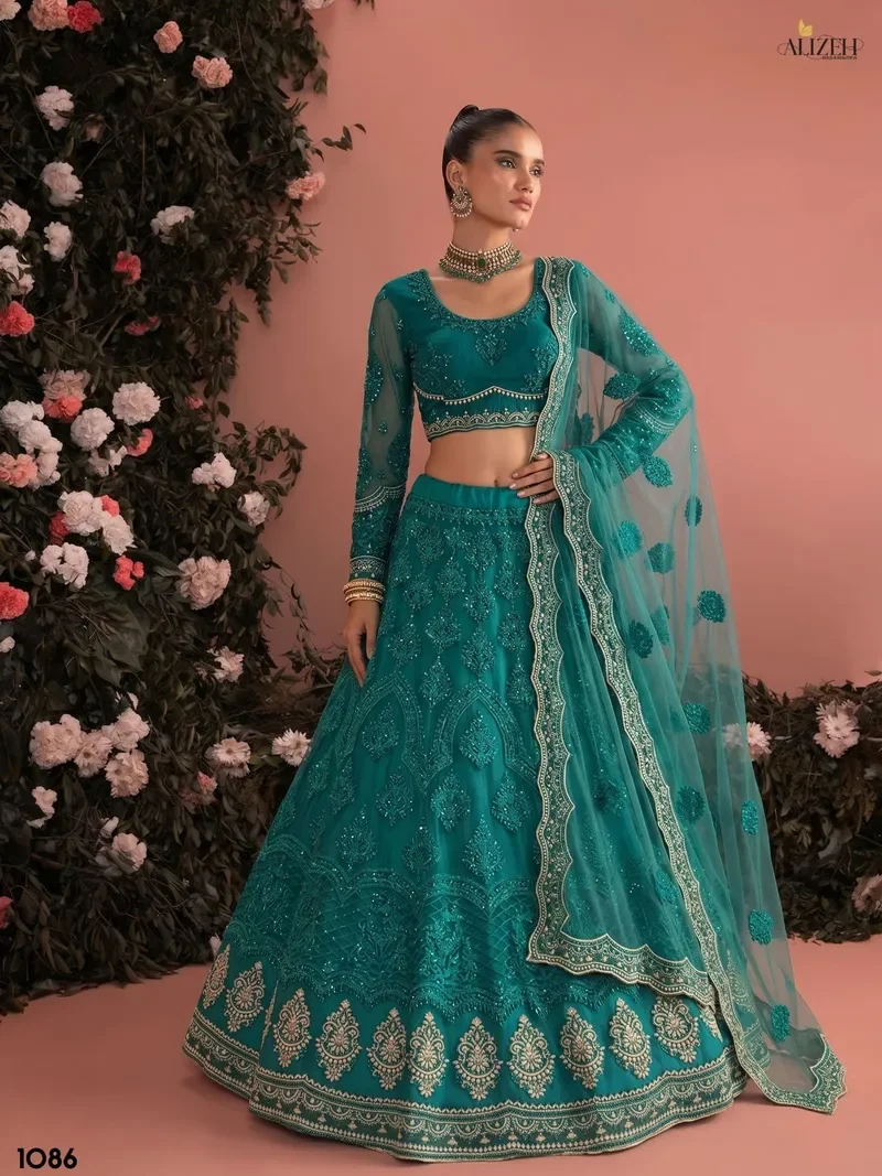 Green Butter fly Net Zari & Embroidered Bottle Designer Lehenga Choli (HLL0006)