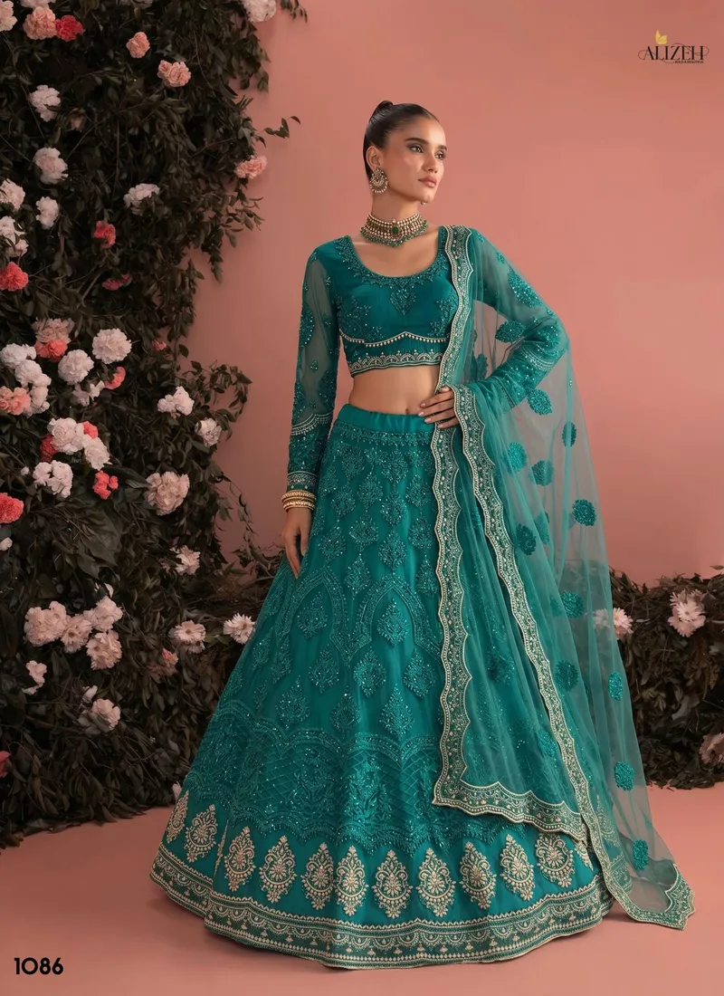 Green Butter fly Net Zari & Embroidered Bottle Designer Lehenga Choli (HLL0006)