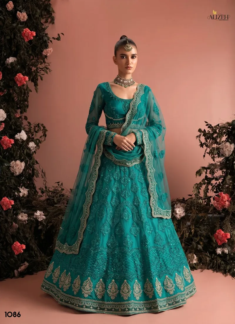 Green Butter fly Net Zari & Embroidered Bottle Designer Lehenga Choli (HLL0006) - Image 2