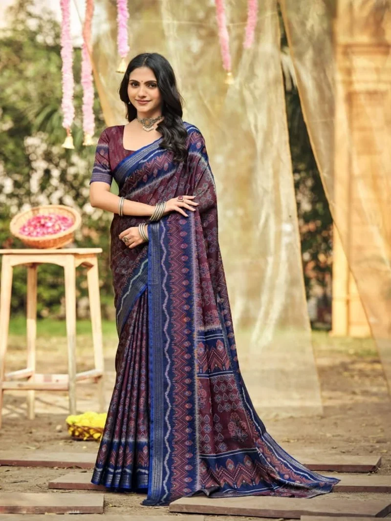 Blue Soft Cotton Digitral Print Designer Saree (HLS0009)