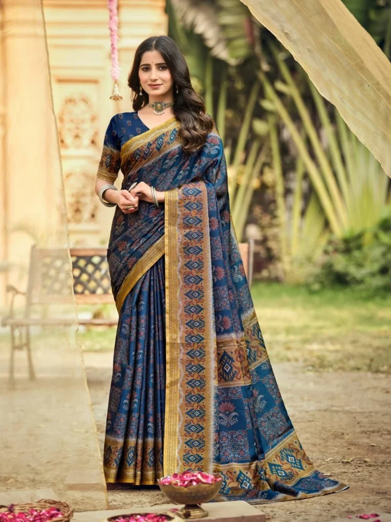 Blue Soft Cotton Digitral Print Designer Saree (HLS0015)