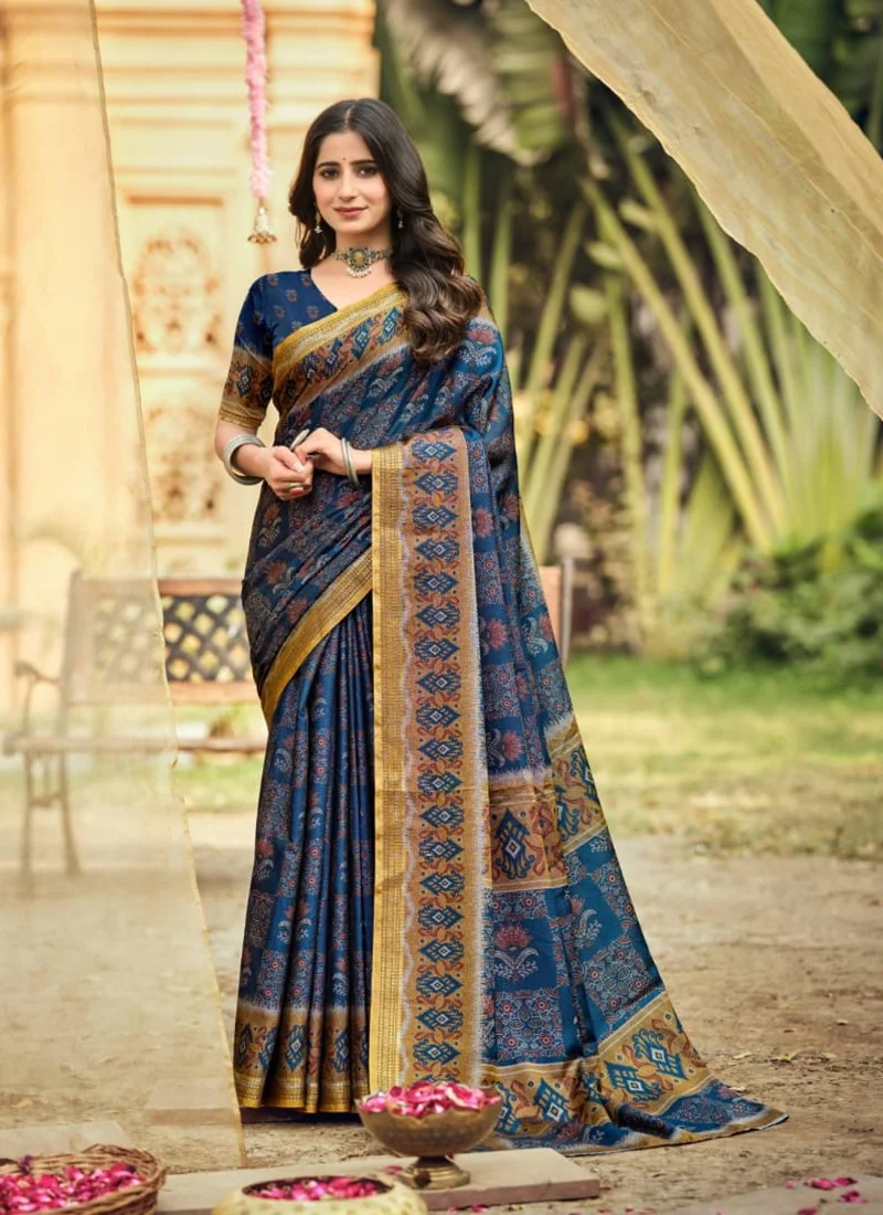 Blue Soft Cotton Digitral Print Designer Saree (HLS0015)