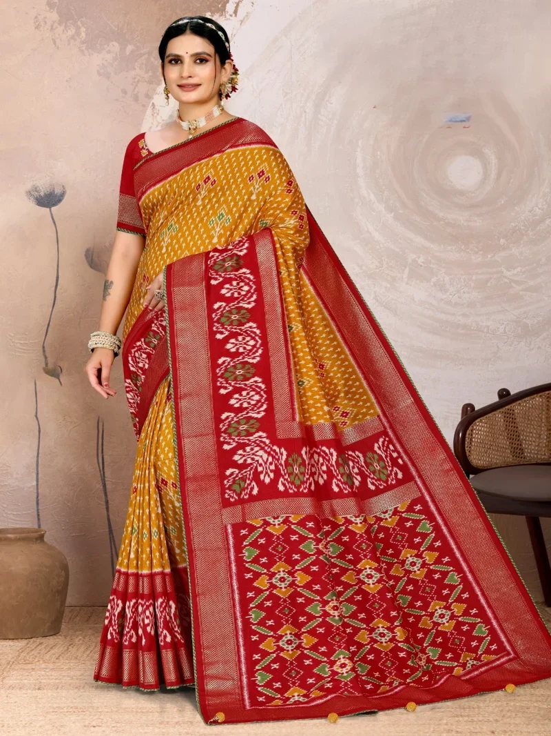 Yellow And Red Dola Silk Printed Designer Saree for Women - HLS00092