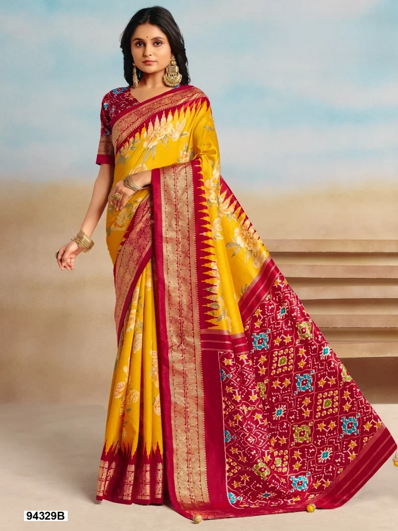 Yellow And Red Dola Silk Printed Designer Saree for Women - HLS00095