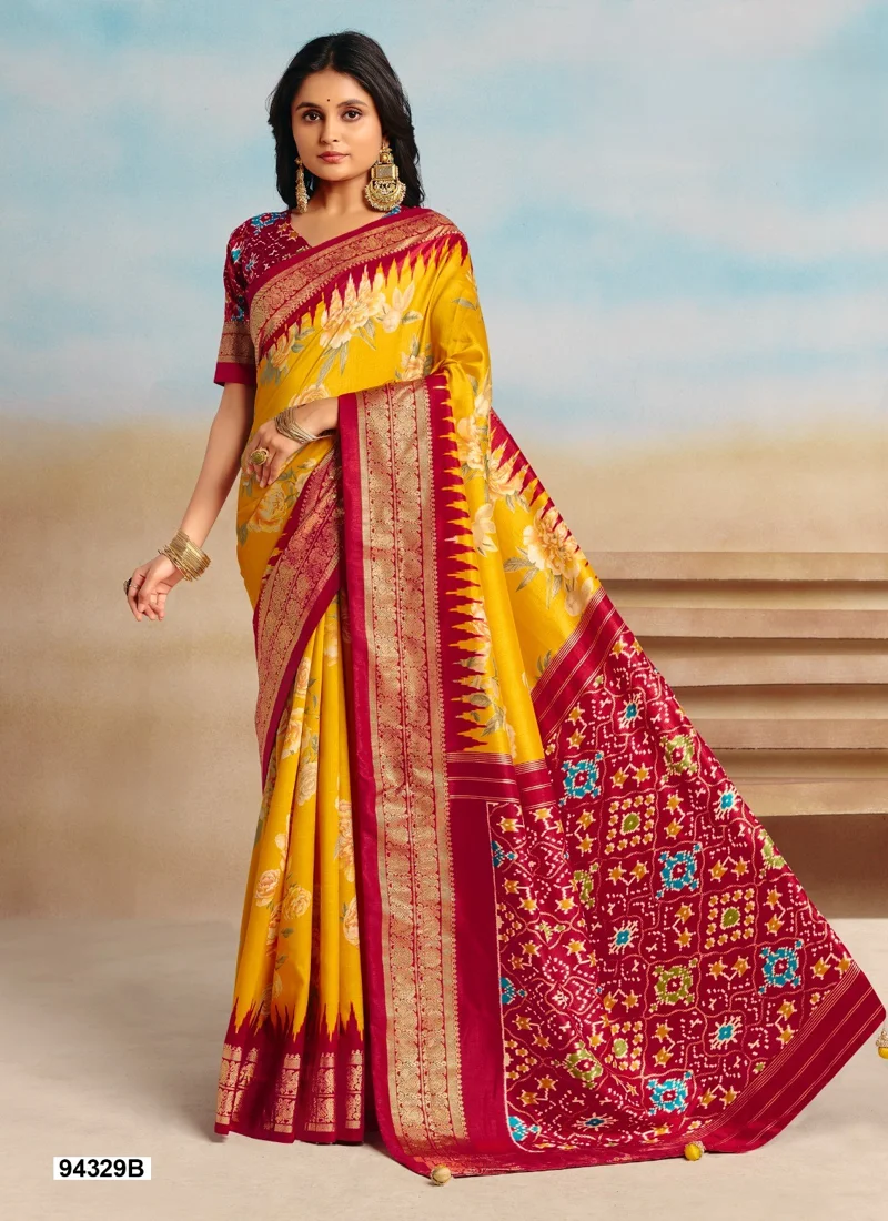 Yellow And Red Dola Silk Printed Designer Saree for Women - HLS00095