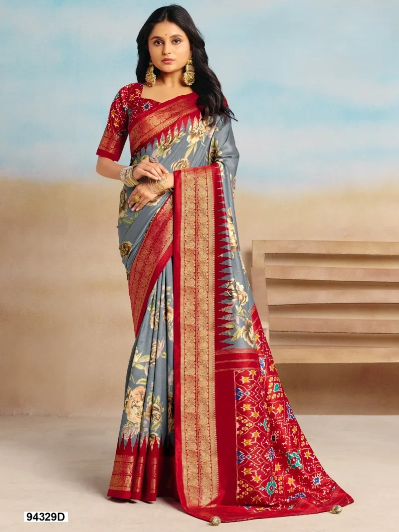 Grey And Red Dola Silk Printed Designer Saree for Women - HLS00096