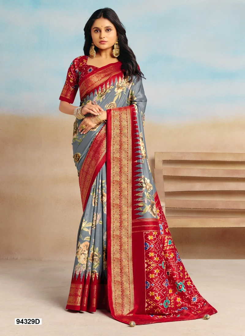 Grey And Red Dola Silk Printed Designer Saree for Women - HLS00096