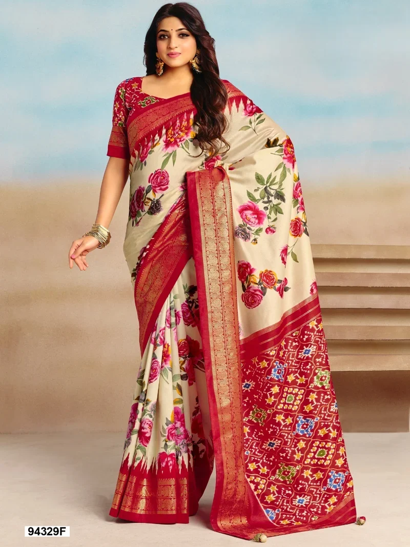 Cream And Red Dola Silk Printed Designer Saree for Women - HLS00097