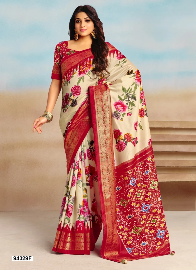 Cream And Red Dola Silk Printed Designer Saree for Women - HLS00097