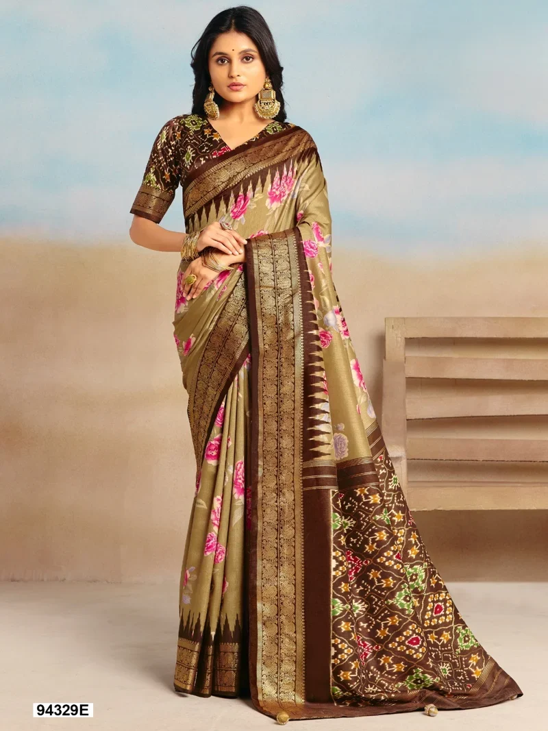 Brown Dola Silk Printed Designer Saree for Women - HLS00098