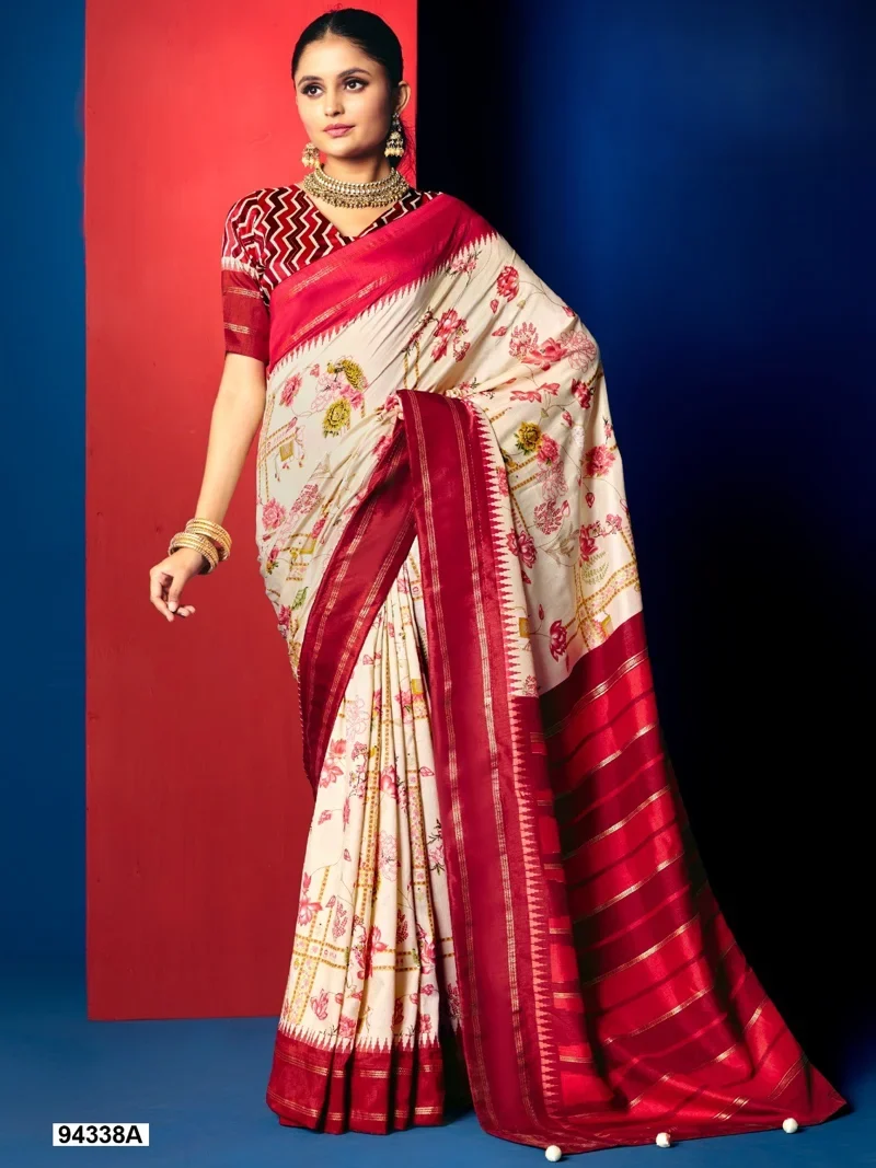 Cream And Red Dola Silk Printed Designer Saree for Women - HLS00099