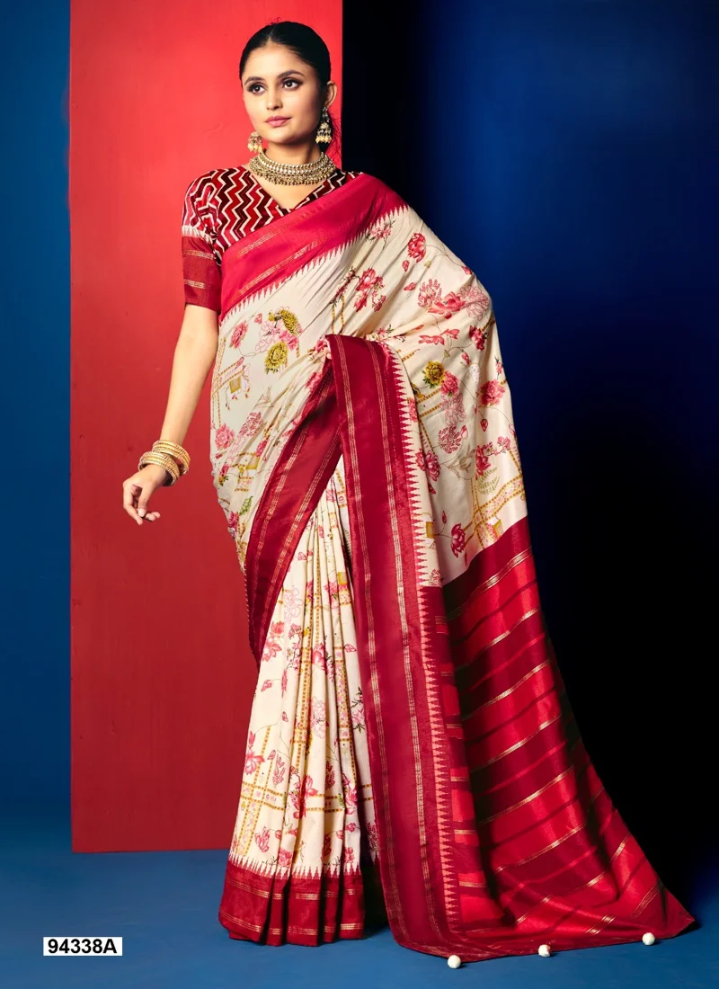 Cream And Red Dola Silk Printed Designer Saree for Women - HLS00099