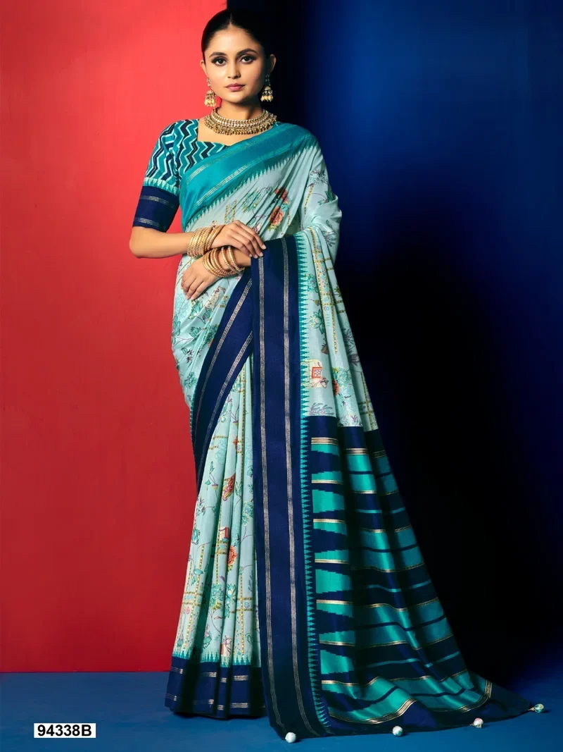 Sky Blue Dola Silk Printed Designer Saree for Women - HLS00100