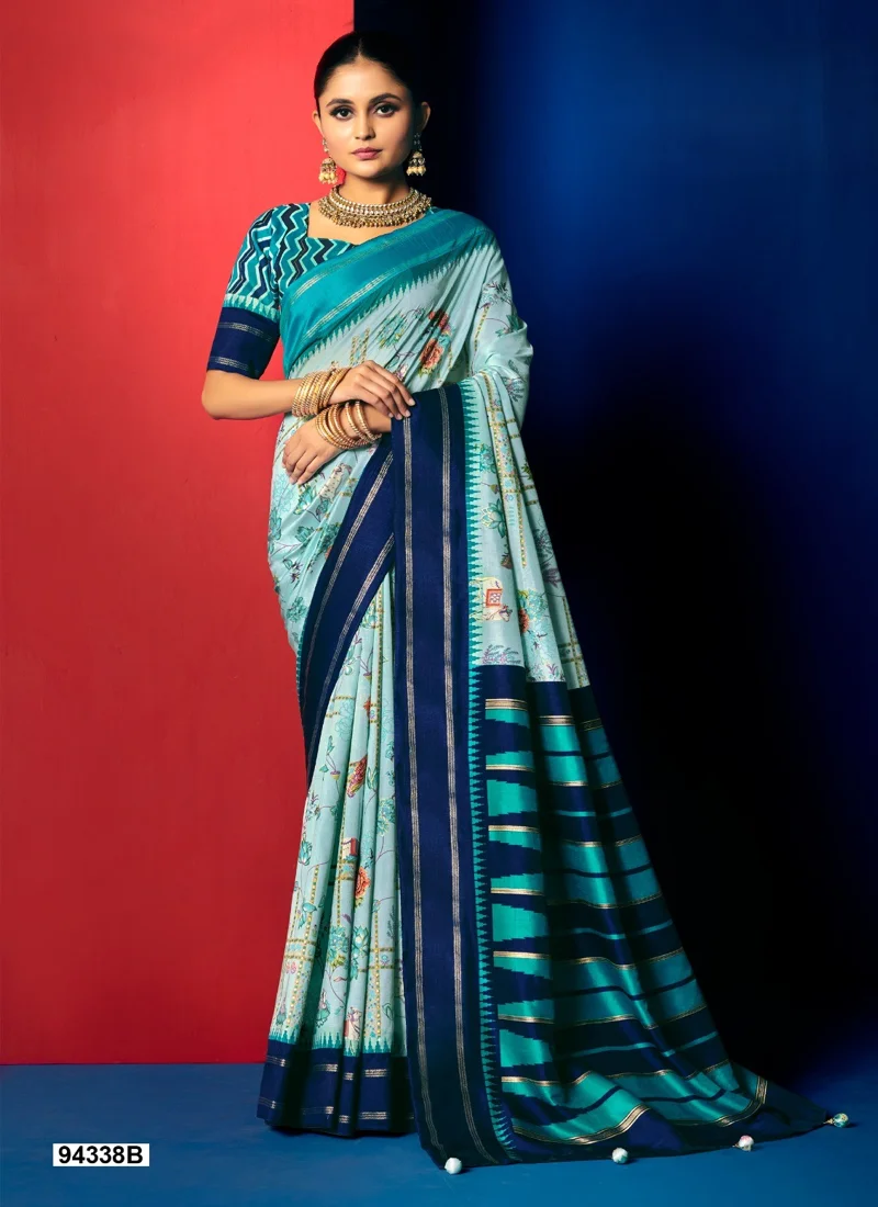 Sky Blue Dola Silk Printed Designer Saree for Women - HLS00100
