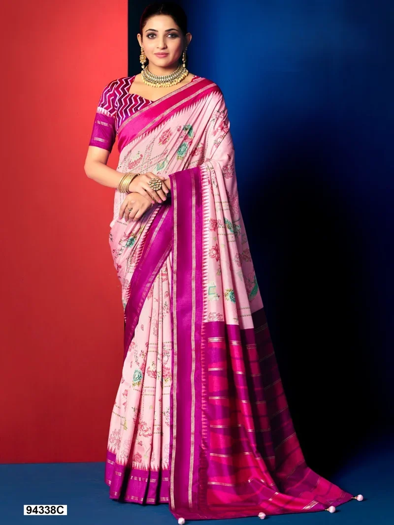 Pink Dola Silk Printed Designer Saree for Women - HLS00102