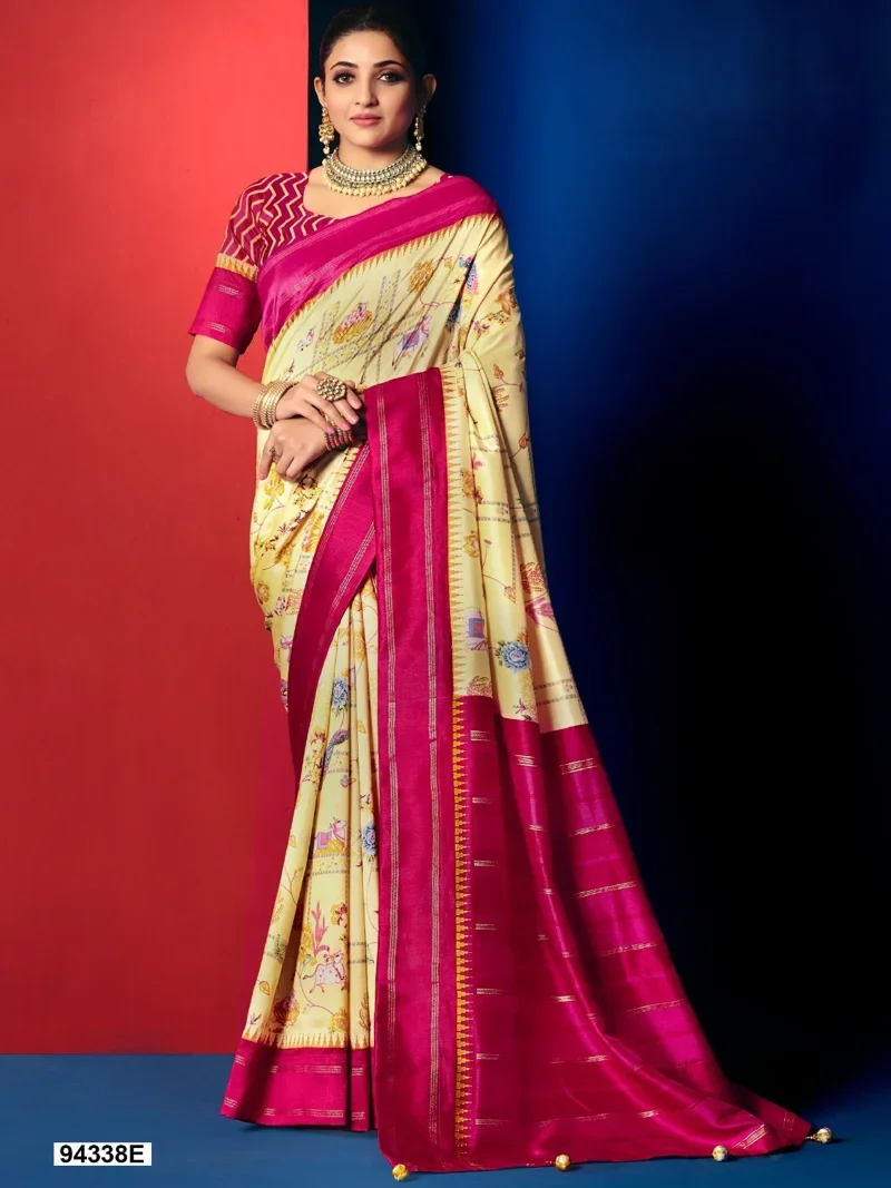 Cream And Pink Dola Silk Printed Designer Saree for Women - HLS00103