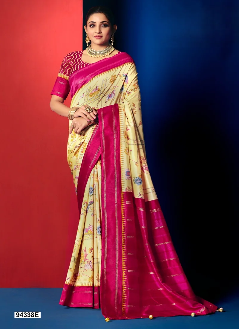 Cream And Pink Dola Silk Printed Designer Saree for Women - HLS00103