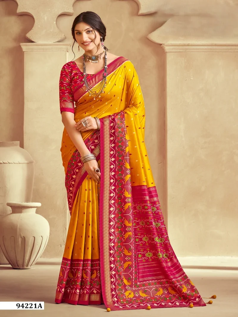 Yellow And Red Dola Silk Printed Designer Saree for Women - HLS00104