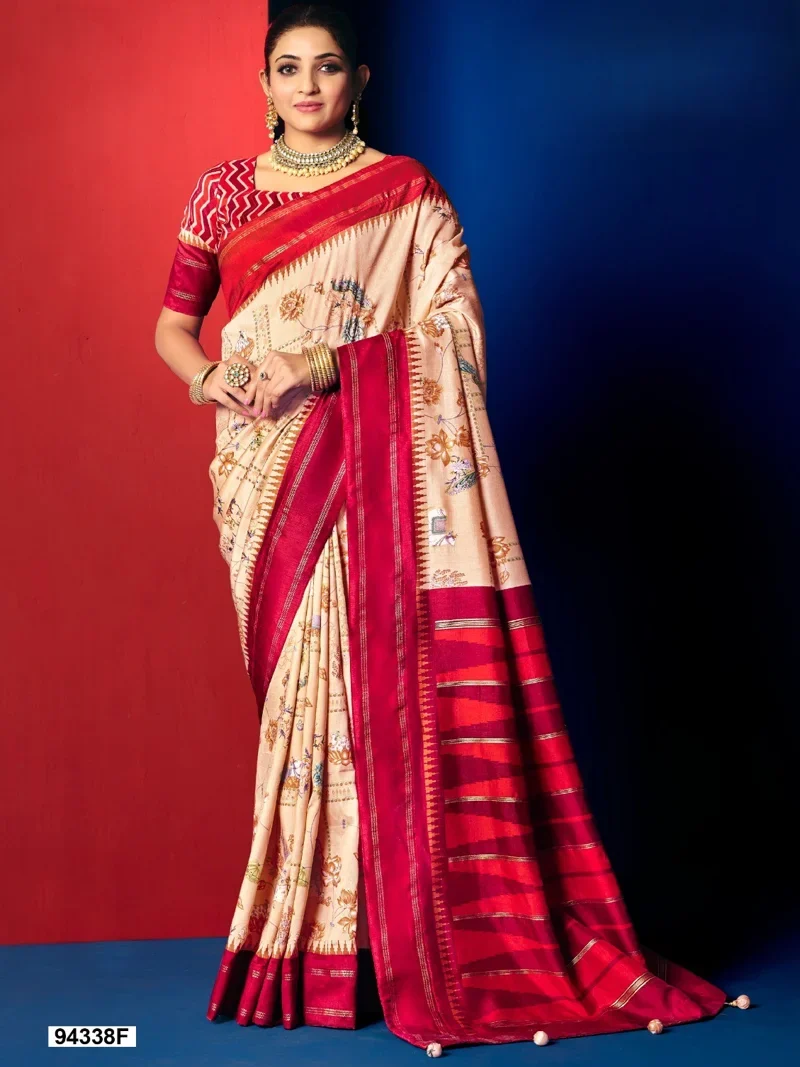 Cream And Red Dola Silk Printed Designer Saree for Women - HLS00105