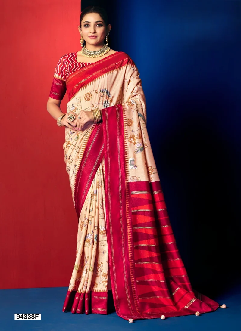 Cream And Red Dola Silk Printed Designer Saree for Women - HLS00105