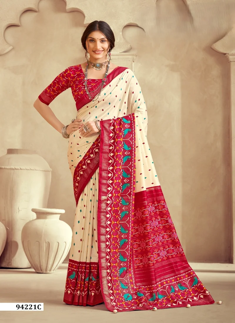 Cream And Red Dola Silk Printed Designer Saree for Women - HLS00107