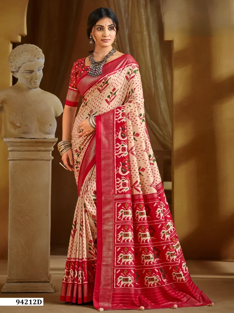 Cream And Red Dola Silk Printed Designer Saree for Women - HLS00112