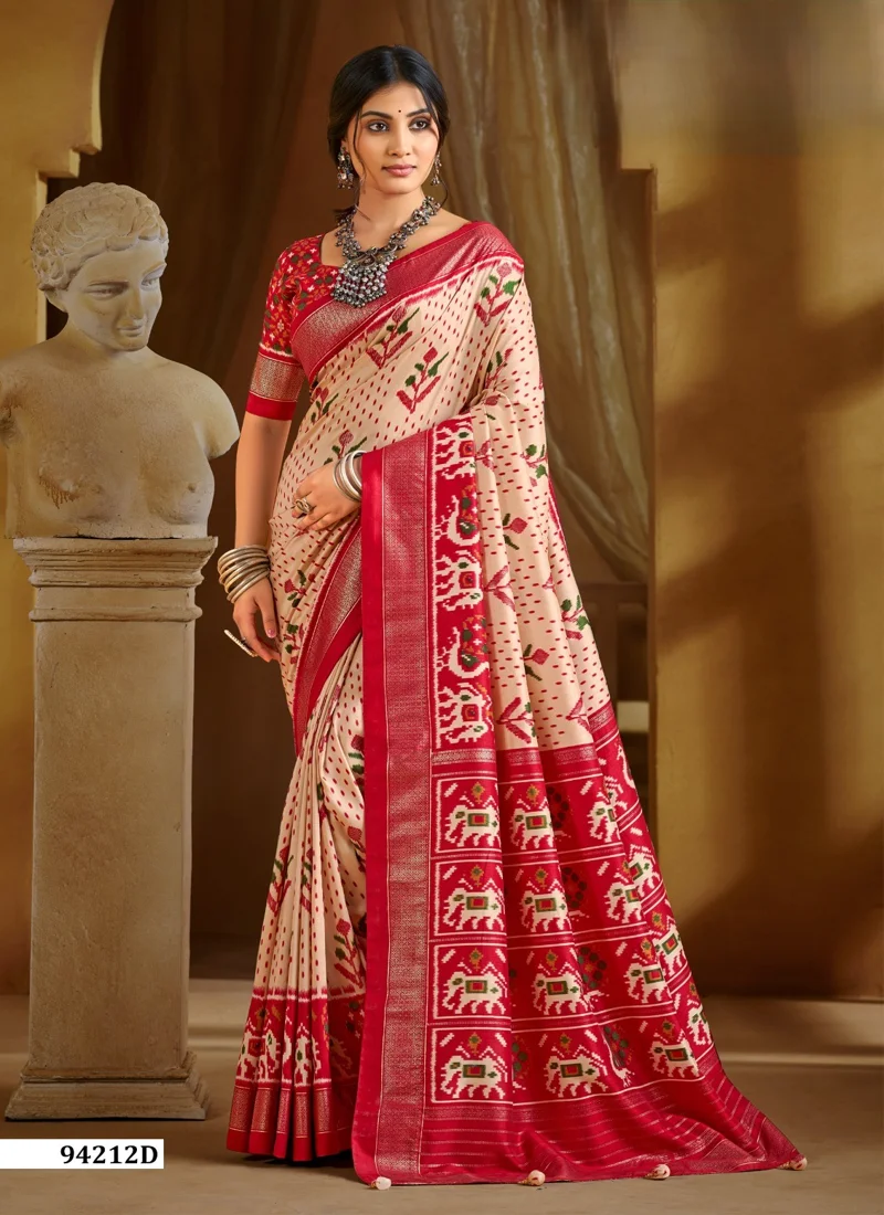 Cream And Red Dola Silk Printed Designer Saree for Women - HLS00112