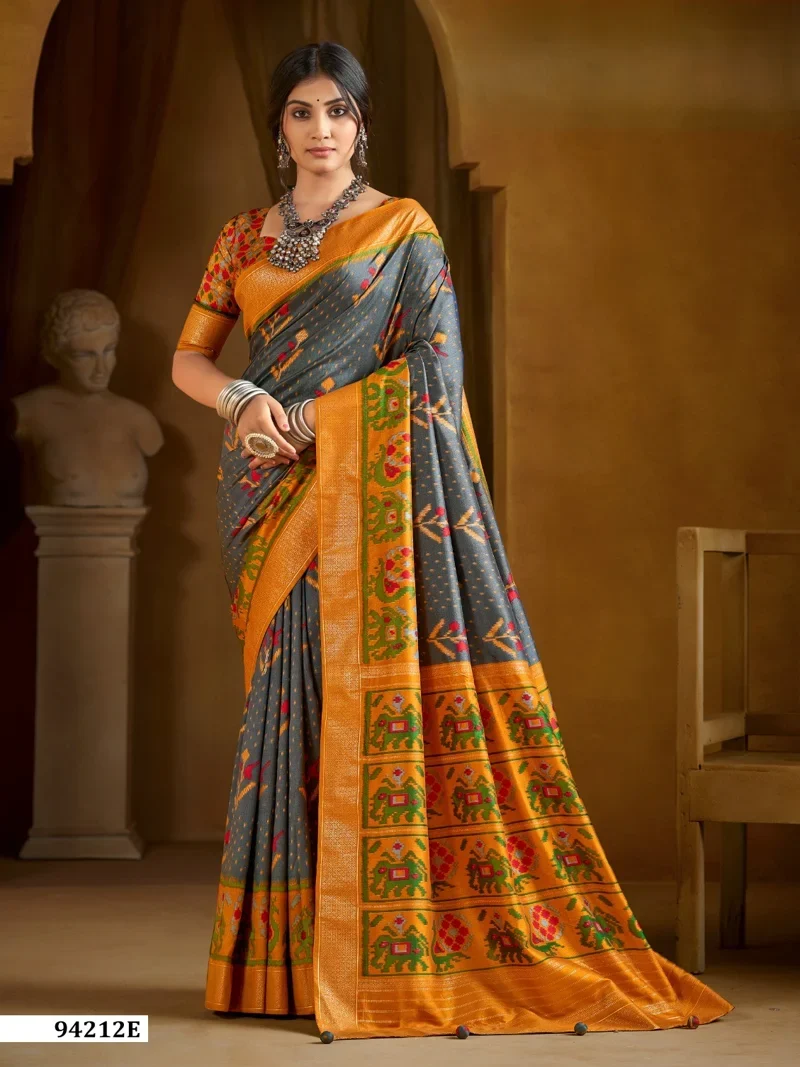 Grey And Yellow Dola Silk Printed Designer Saree for Women - HLS00114