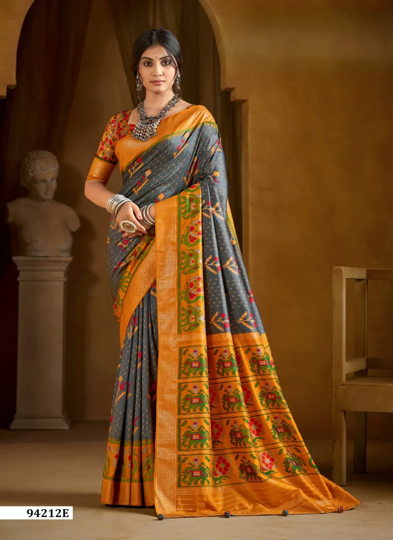 Grey And Yellow Dola Silk Printed Designer Saree for Women - HLS00114