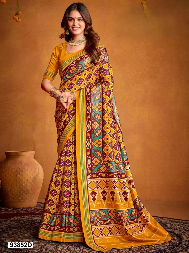 Yellow And Red Dola Silk Printed Designer Saree for Women - HLS00119