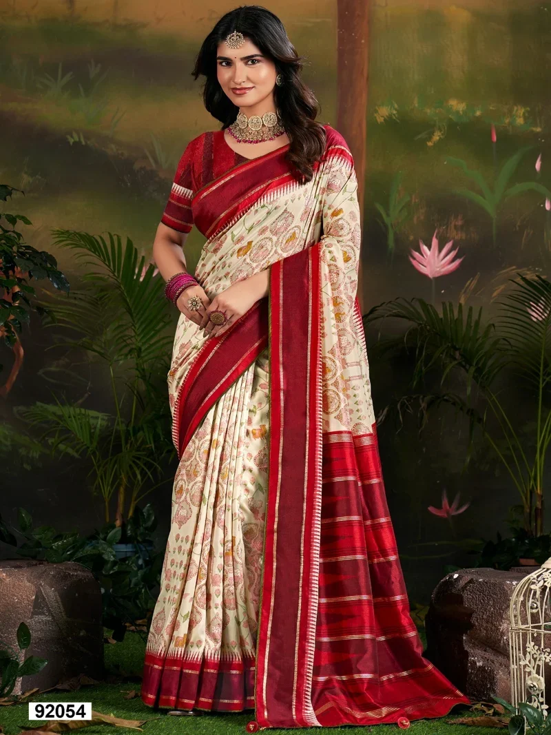 Cream Dola Silk Printed Designer Saree for Women - HLS00124