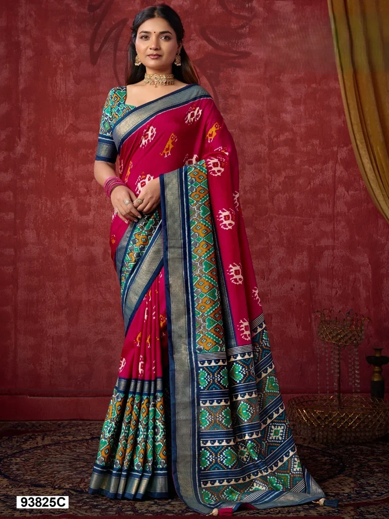 Red And Blue Dola Silk Printed Designer Saree for Women - HLS00126