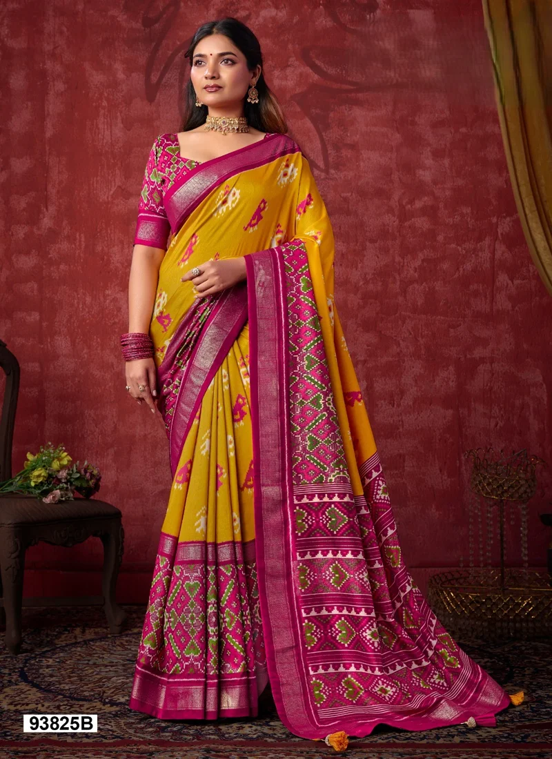 Yellow And Red Dola Silk Printed Designer Saree for Women - HLS00127