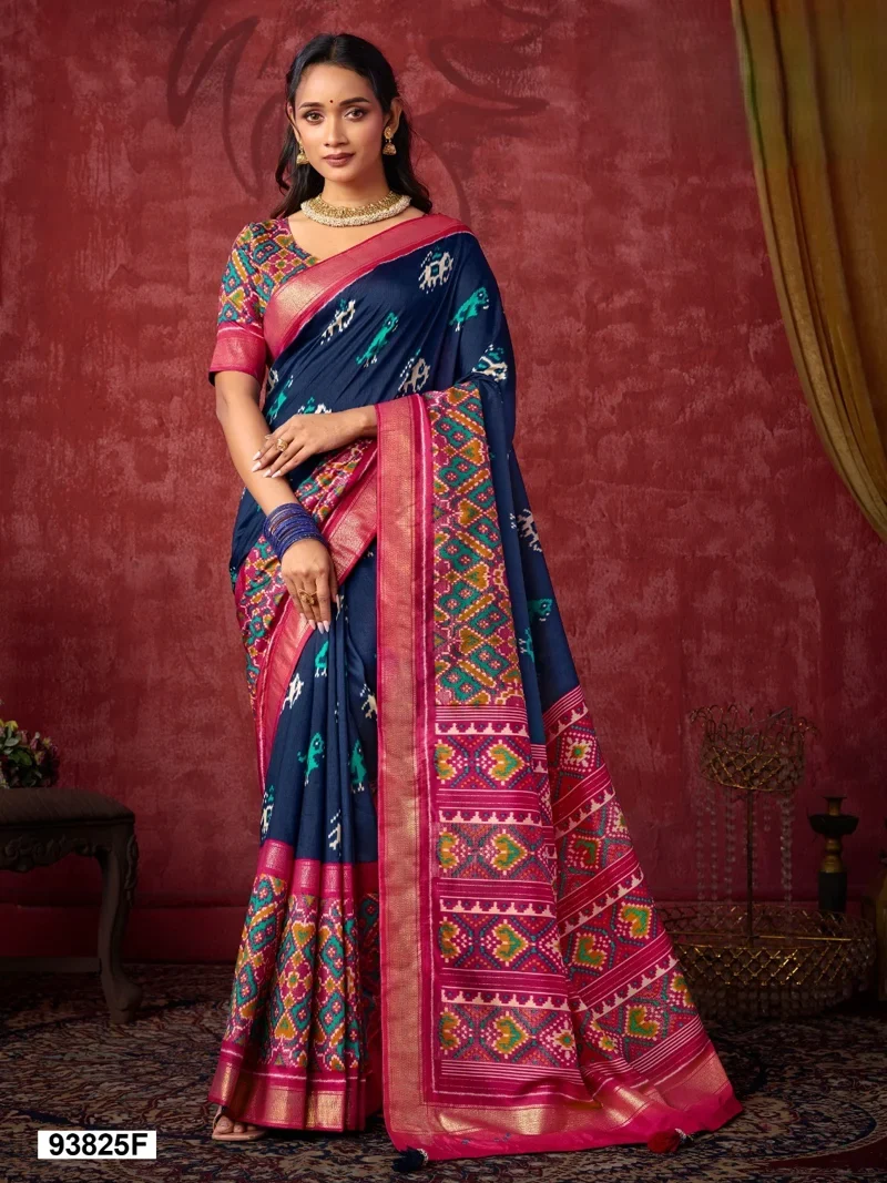 Red And Blue Dola Silk Printed Designer Saree for Women - HLS00129