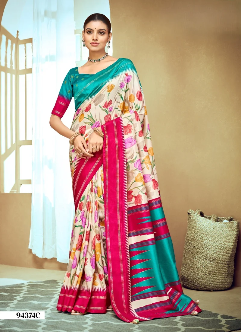 Multicolor Dola Silk Printed Designer Saree for Women - HLS00140