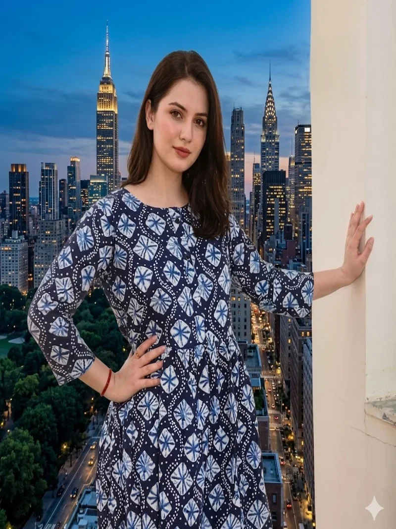 Blue Rayon Digital Print Designer Kurti for Women - HLS00154