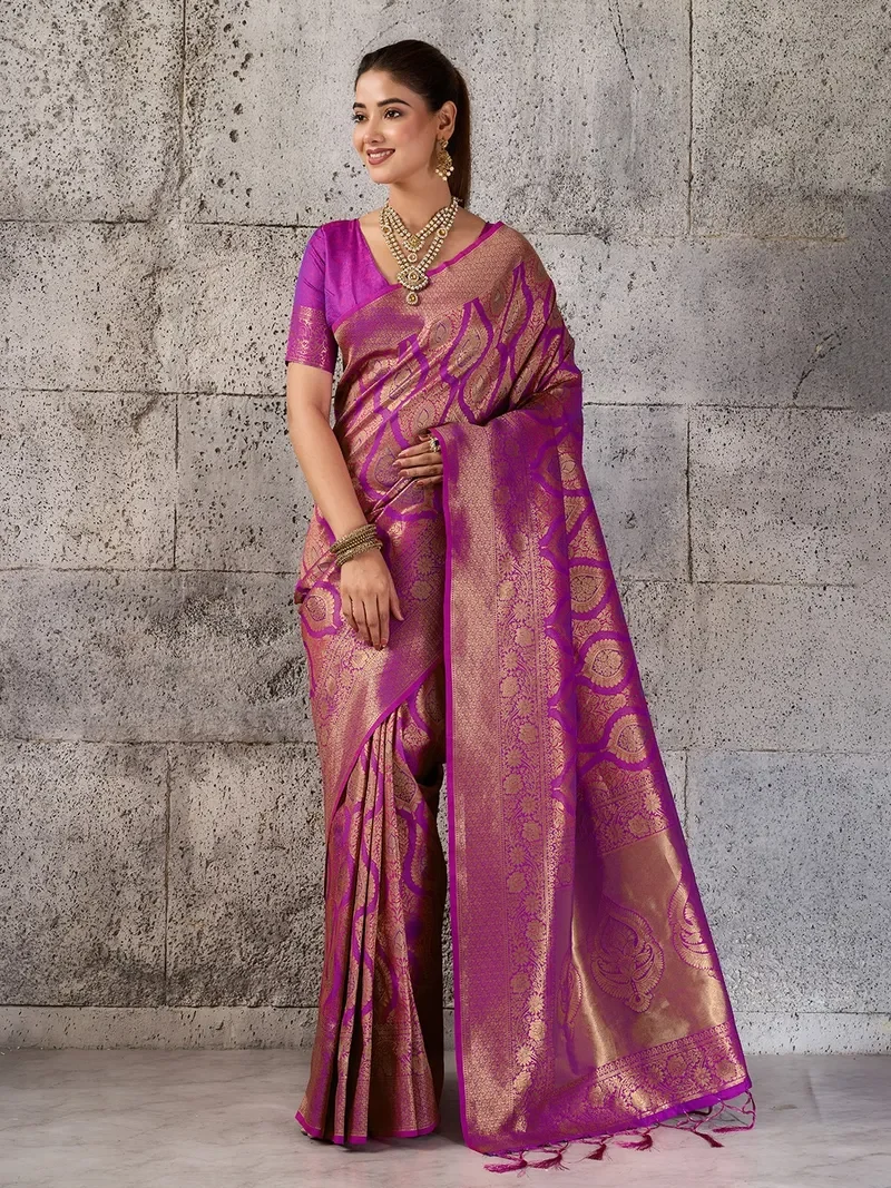 Violet Kanjivaram Silk Blend Jacquard Silk Saree for Wedding & Festive Wear