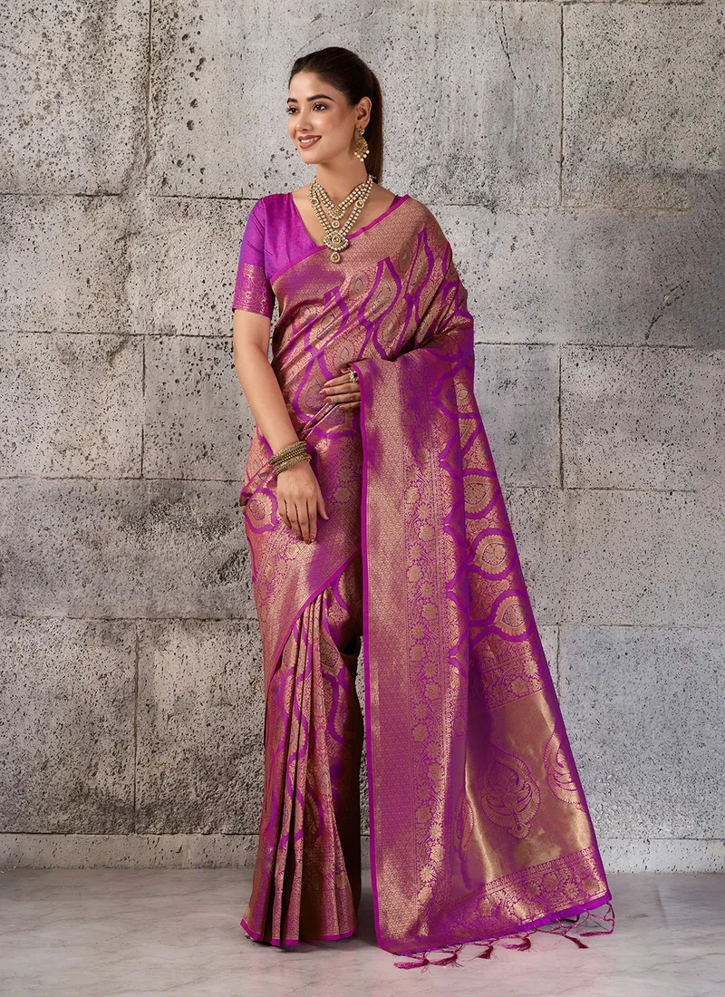 Violet Kanjivaram Silk Blend Jacquard Silk Saree for Wedding & Festive Wear