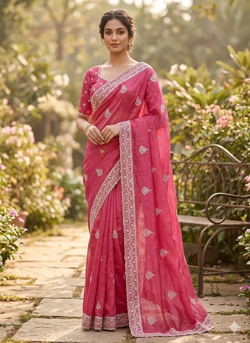 Pink Pure Soft gold crush cotton thread embroidery with sequence work Designer Saree Hivraa0001 - Image 2
