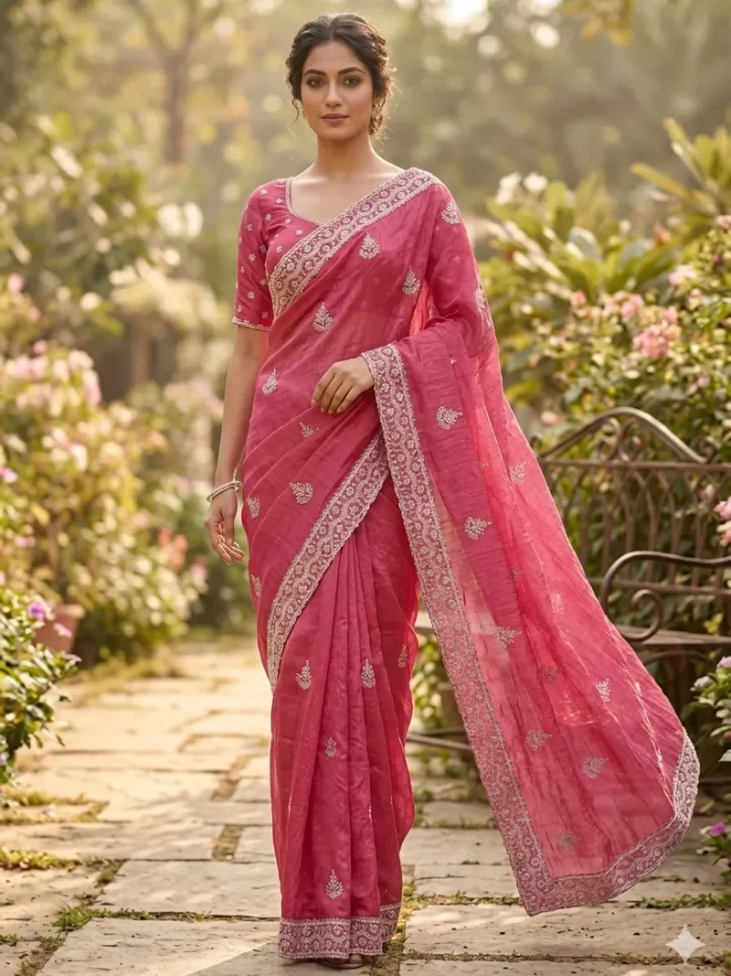 Pink gold crush cotton saree with thread embroidery and sequence work for festive wear