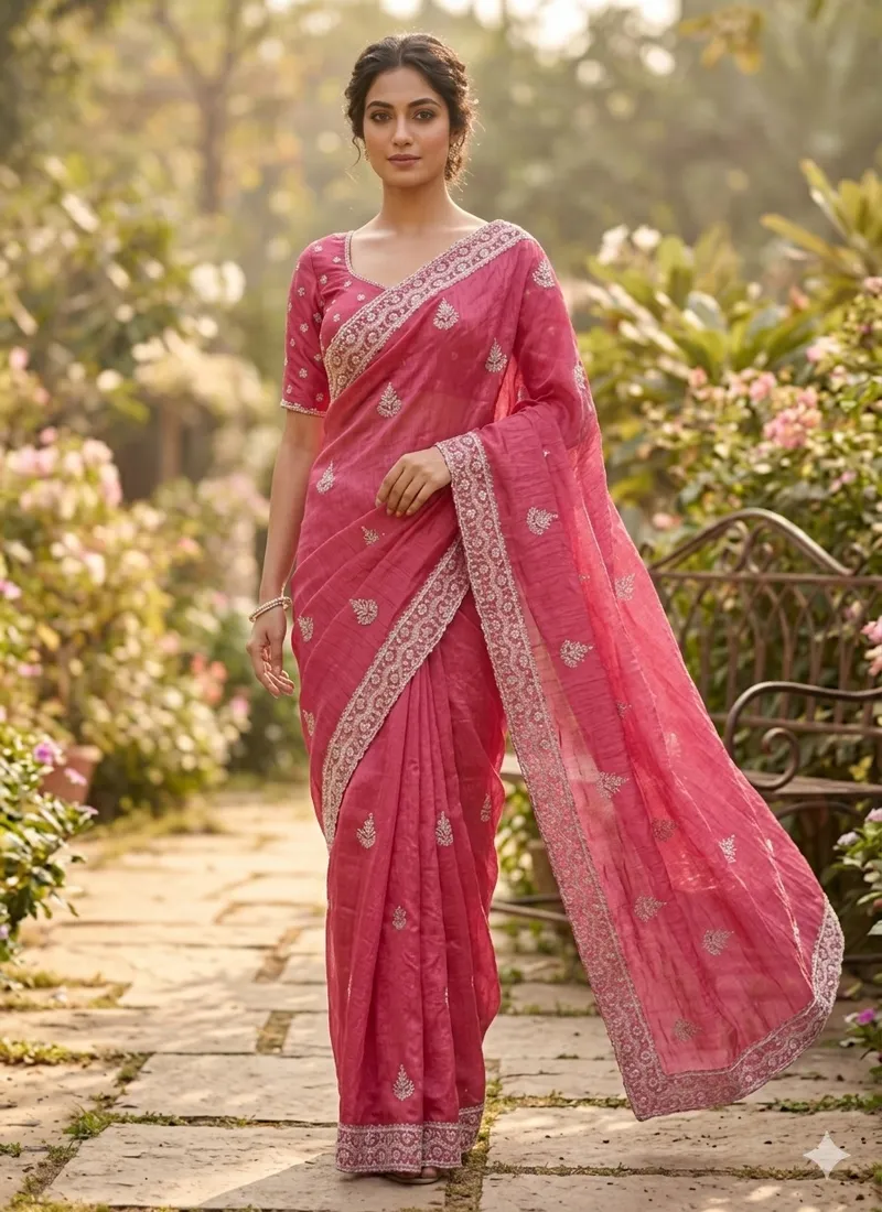 Pink gold crush cotton saree with thread embroidery and sequence work for festive wear