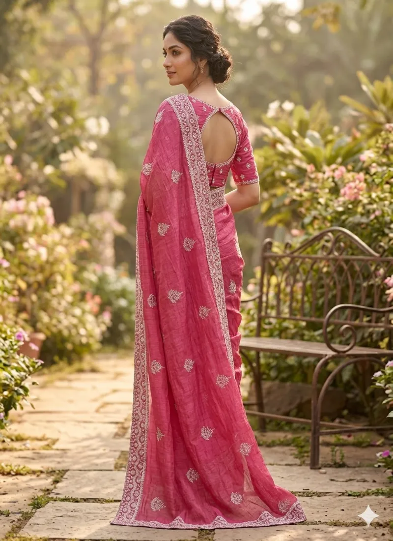 Pink Pure Soft gold crush cotton thread embroidery with sequence work Designer Saree Hivraa0001 - Image 4